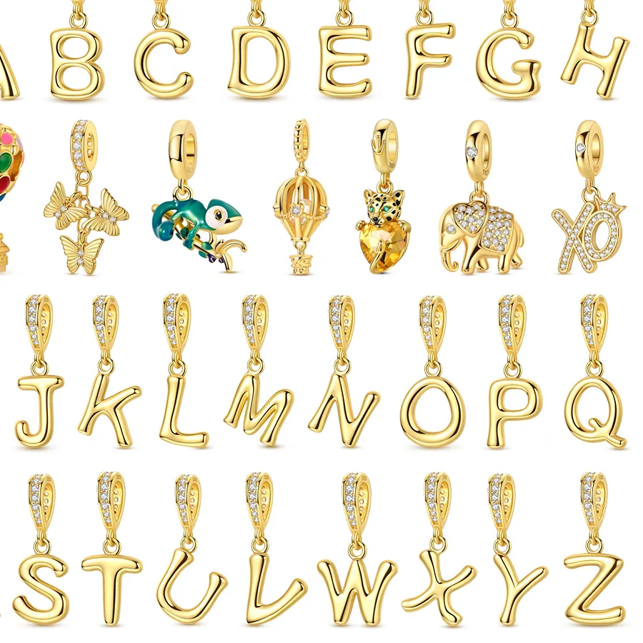 Authentic Golden Series 925 Sterling Silver Sparkling Elephant Pendant & 26 English Alphabet Dangle Charm Fits Bracelet Exquisite