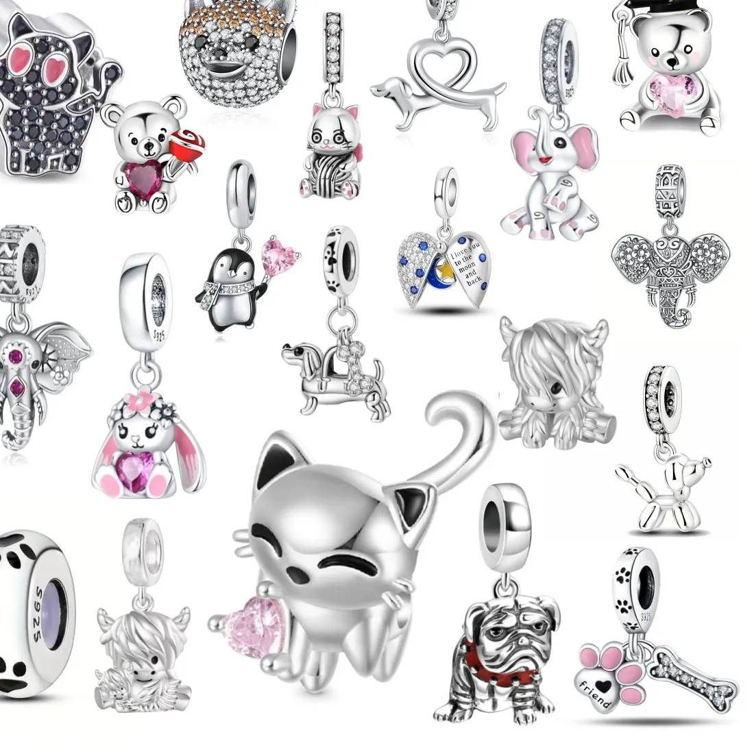 Authentic Fit Original Charm Bracelet Animal Pendant 925 Silver Cat Dog Paw Penguin Elephant Pet Dog Bead DIYJewelry ﻿