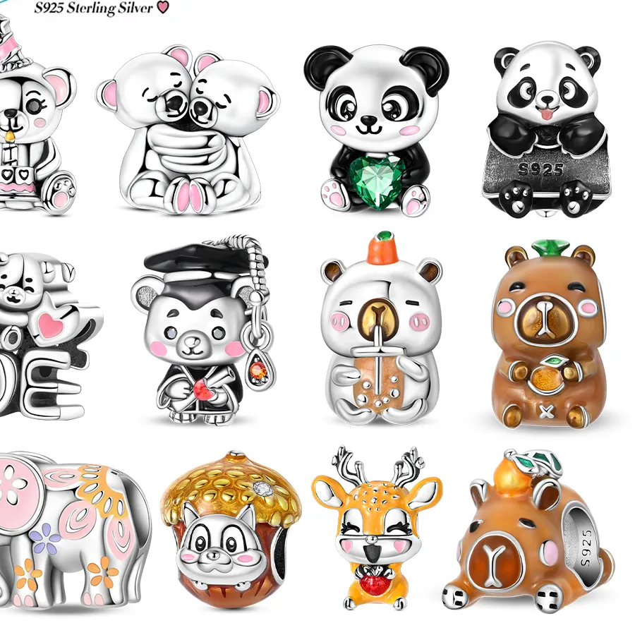 Authentic Animal Original Charms 925 Silver Pink Cute Bear Capybara Elephant Squirrel Panda Beads Bracelet Jewelry Party DIY Trendy Gifts