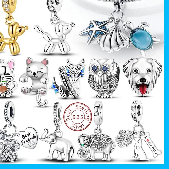 Authentic Animal Charms 925 Silver Plated Shining Zircon Elephant Turtle Puppy Bead Pendant Fit Diy Original Bracelet Bag Keychian Jewelry