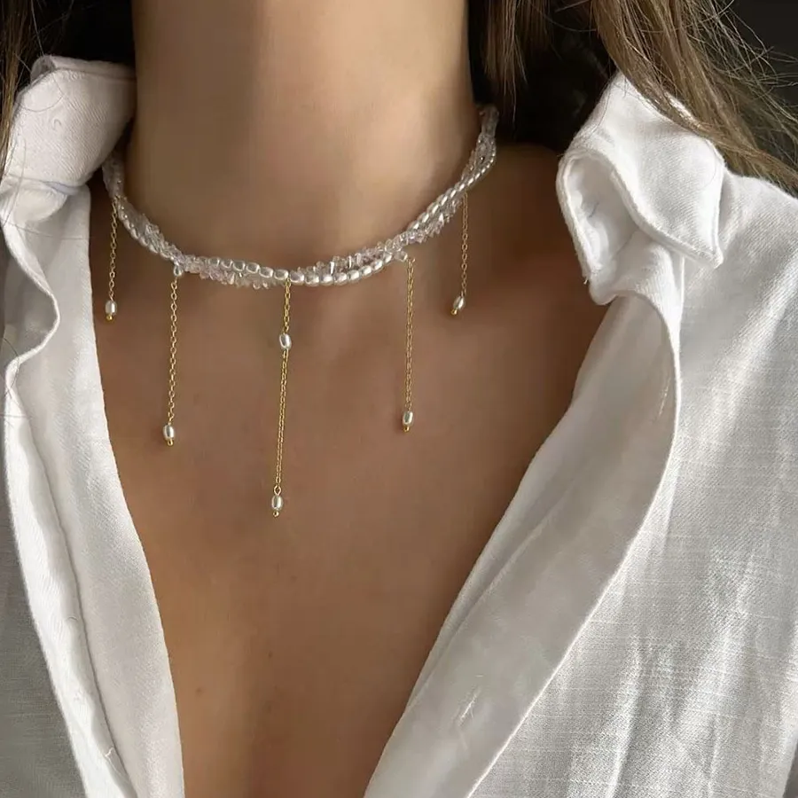 Authentic Tassel Chain Pendant Necklace For Women Boho Transparent Crystal & Imitation Pearl Chain Jewelry Valentine's N0538