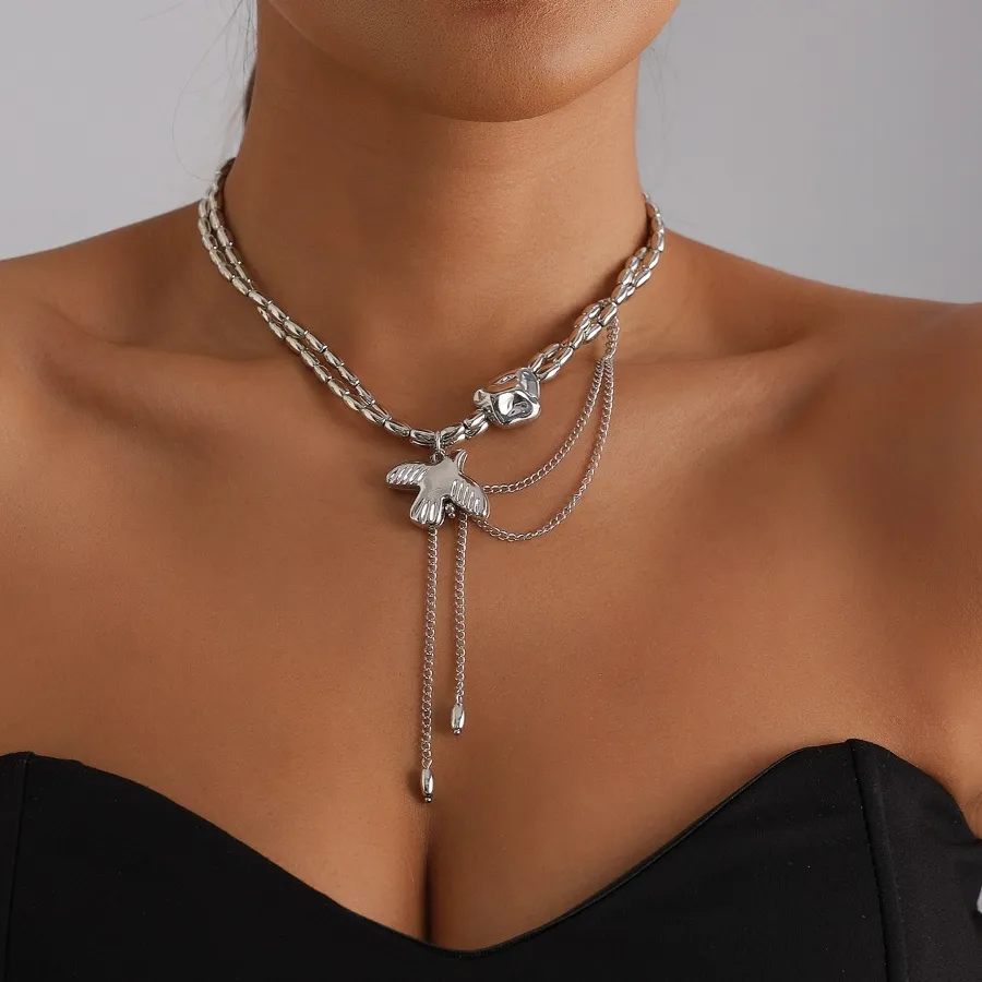 Authentic Hip-hop Cool Trendy Sliver Color Flying Pigeon Tassel Pendant Double-layer Rice Bead Necklace for Women Dove of Peace Jewelry