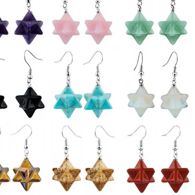 Authentic Celestial Merkaba Amethyst‑Rose Quartz Hexagram Earrings