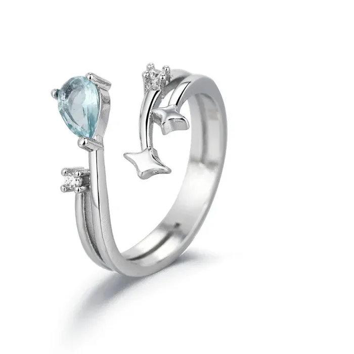 Authentic Hot-Seller Celestial Shooting Star Double Band Open Adjustable Ring Pear Cut Sky Blue Topaz CZ Women Finger Jewelry