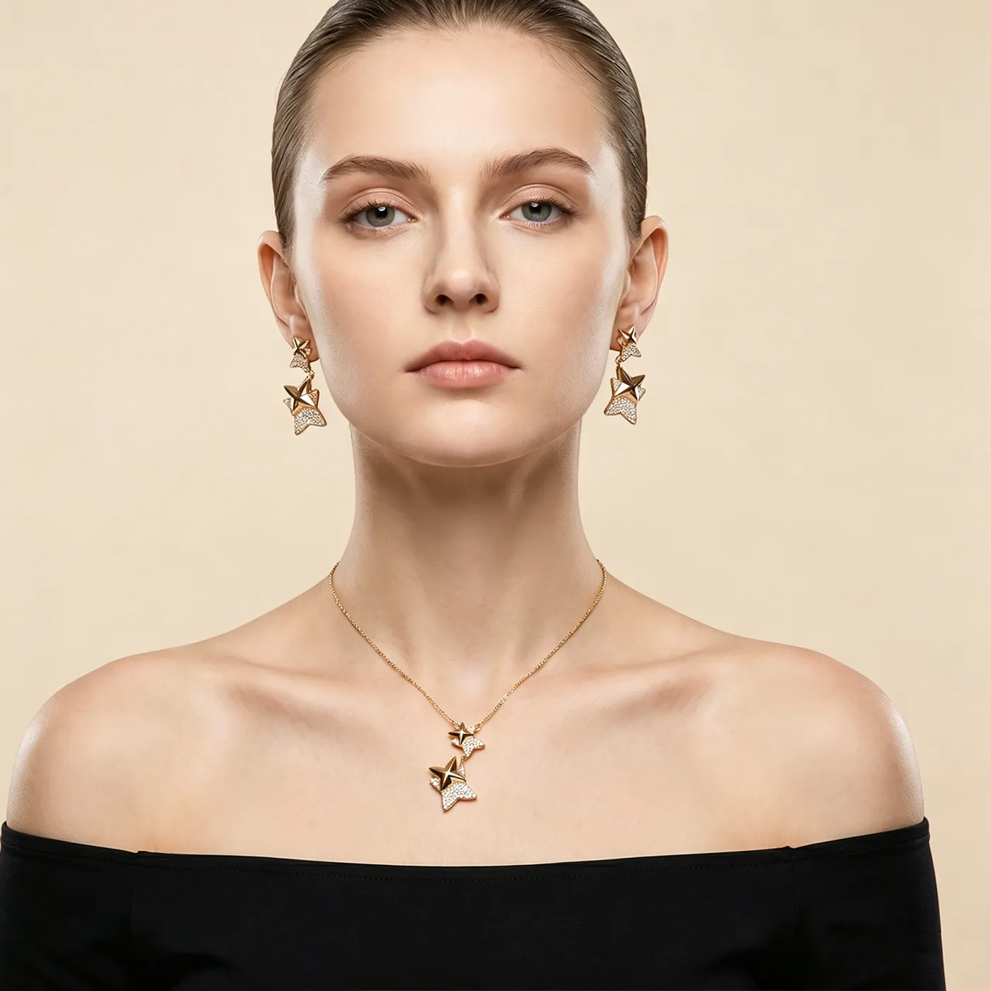 Authentic 18K Gold Plated Shooting Star Zircon Jewelry Set Necklace and Earrings Chic Minimalist Statement Jewelry for Women Dating Party
