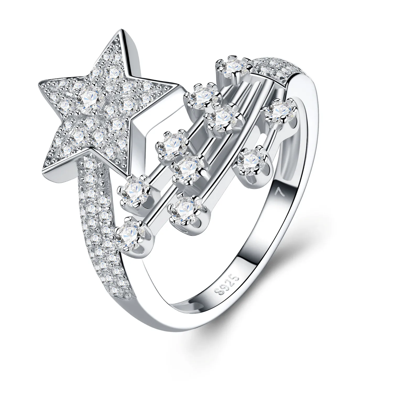 Authentic Fine Jewelry Minimalist Shooting Star Moissanite Ring 925 Silver Full Diamond Pave Cocktail Ring