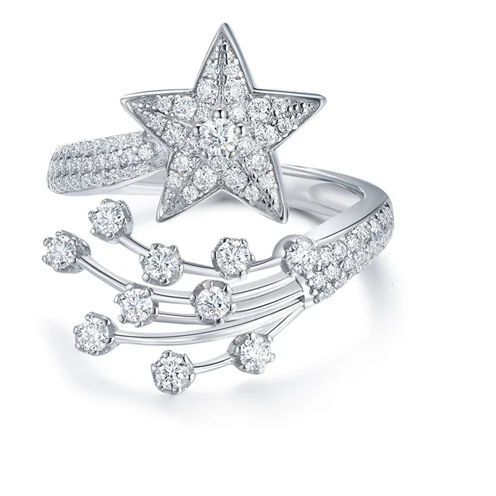 Authentic 925 Sterling Silver Star Ring Full Moissanite Adjustable Open Ring for Women Shooting Star Design Fine Wedding Jewelry Gifts
