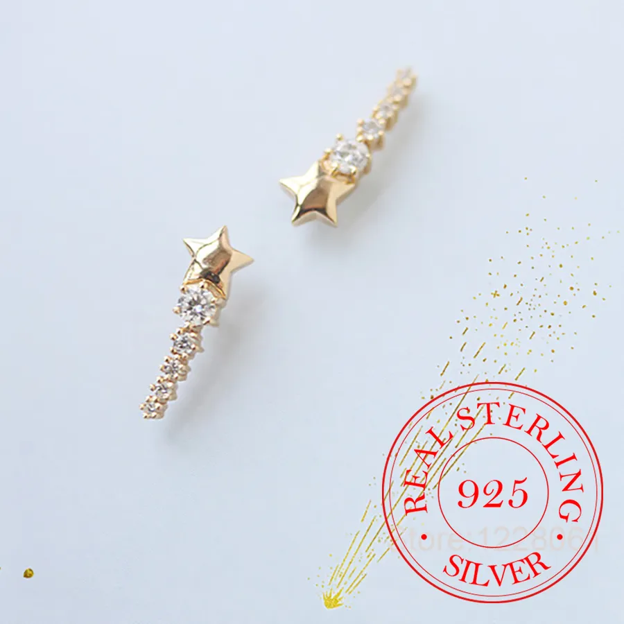 Authentic 925 Sterling Silver Jewelry Simple Crystal Shooting Star Stud Earrings for Women Wedding Party Jewelry For Girls Friend
