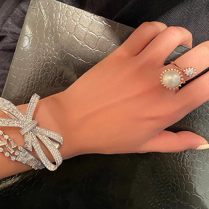 Authentic Elegant Crystal Bow and Shooting Star Open Cuff Bangle Silver-Tone Sparkling Everyday Bracelet Statement Jewelry