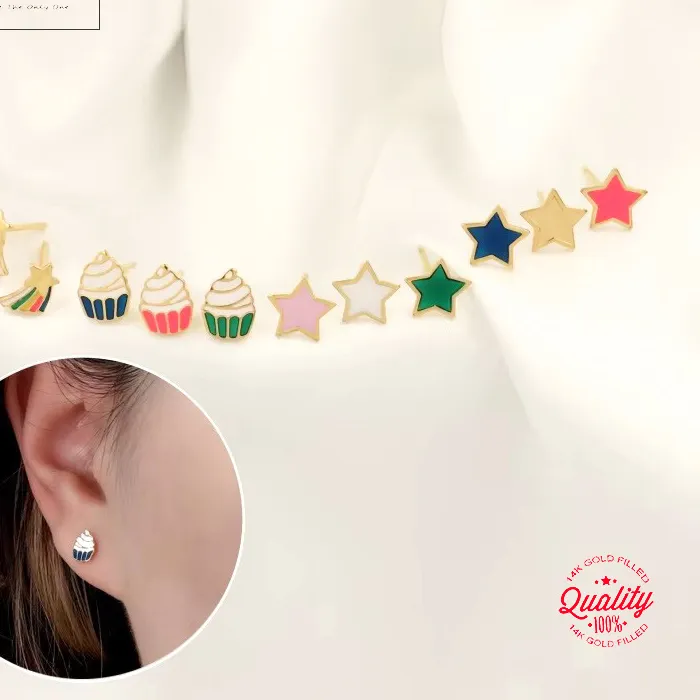 Authentic 14k Gold Filled Pink Star Stud Earrings Enamel Shooting Star Cutie Kid Cupcake Design Jewelry Accessory