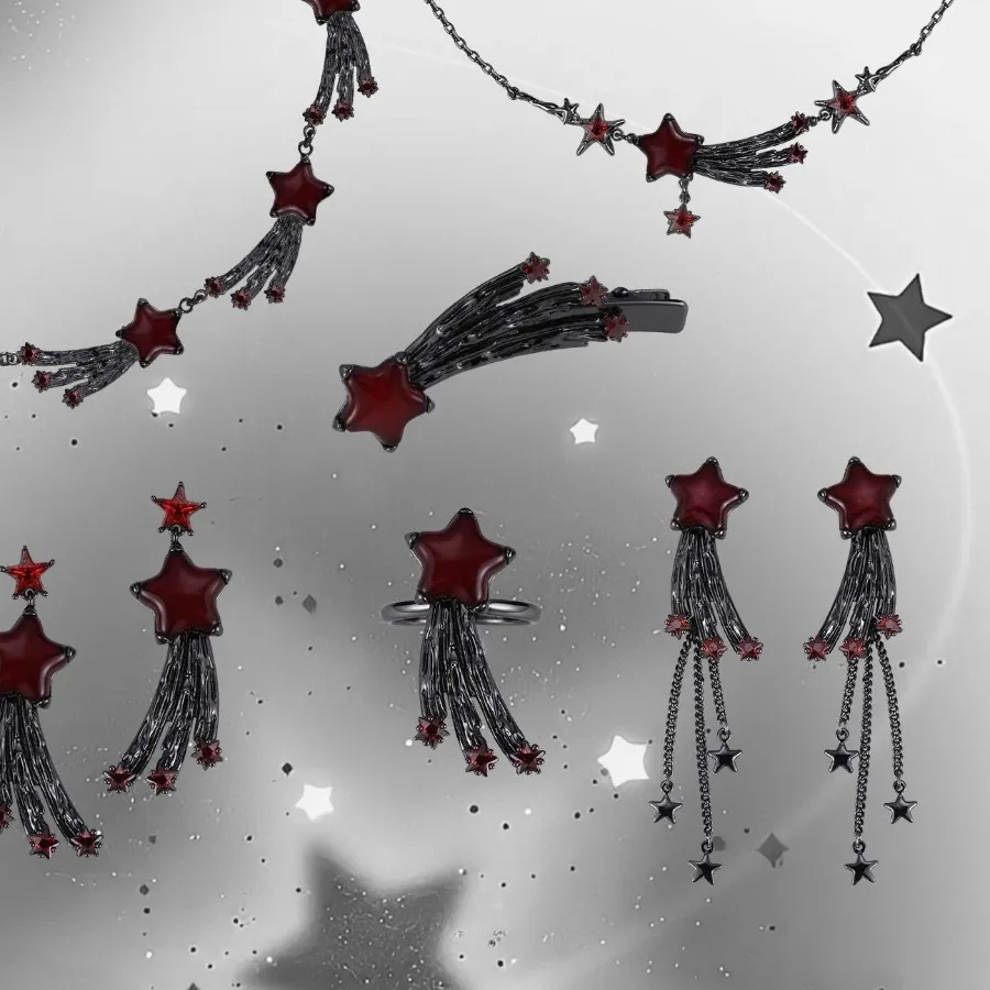 Authentic Black White Meteor Earrings Shooting Star Shaped Necklace Ring Sweet Cool Punk Jewelry