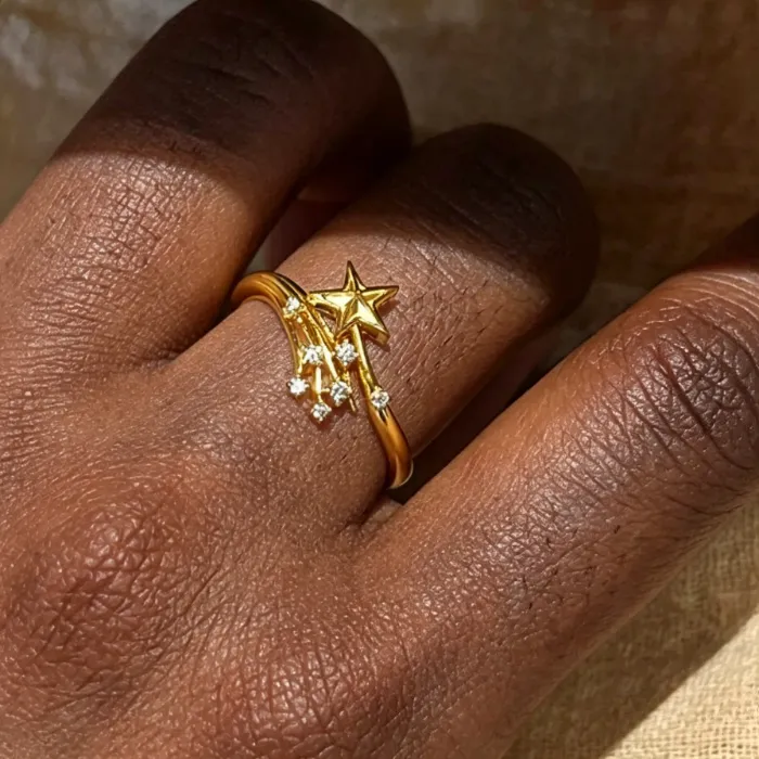 Authentic Gold Plated Shooting Star Ring for Women Shiny CZ Pave Meteor Band Adjustable Stackable Ring Fashion Jewelry Gift