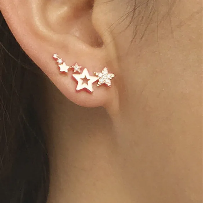 Authentic Gold Plated Shooting Star Stud Earrings, Multi Hollow Star Inlaid Clear Rhinestone Dainty Celestial Jewelry for Women Daily
