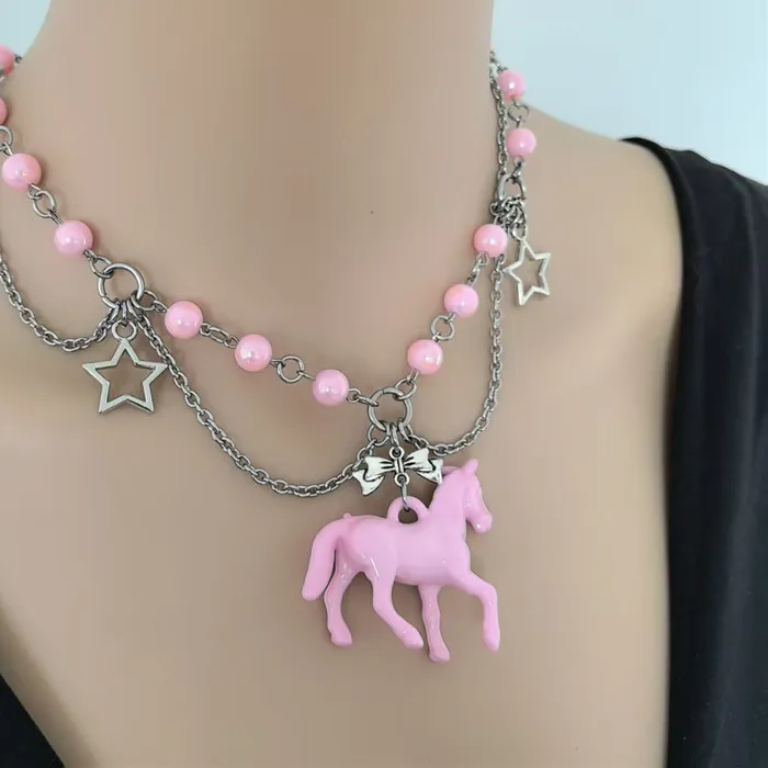 Authentic Soft Girl Lolita Photo Shoot Runway Niche Personality Instagram Hollow Five-Pointed Star Pink Pony Choker Necklace for Women