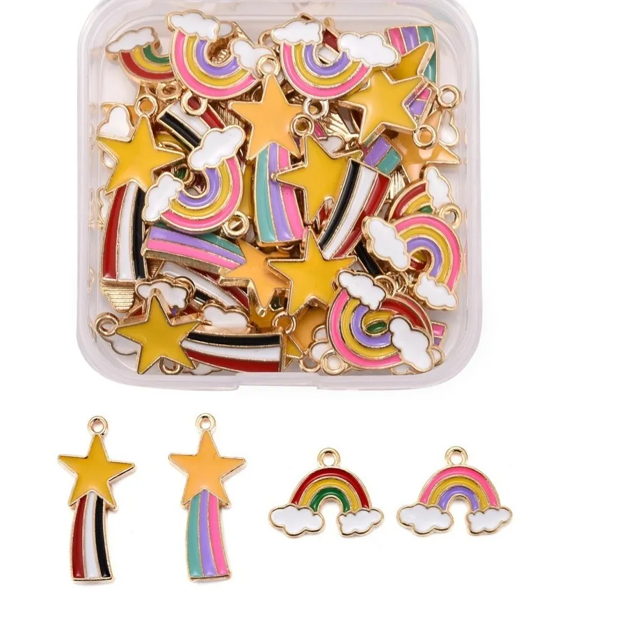 Authentic 40Pcs 4 Style Enamel Pendants Rainbow Shooting Star Light Gold 14~26.5x13~18.5x1.5mm Hole: 1.8~2mm 10pcs/Style