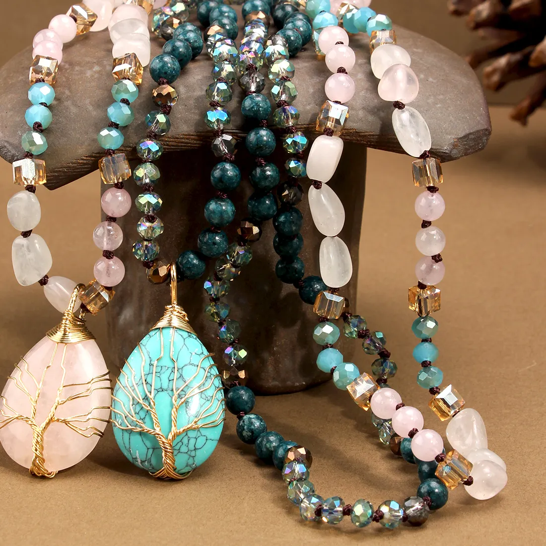 Authentic 1Pc Rose Quartz Water Droplet Wrapped Silk Life Tree Pendant Necklace, Bohemian Women's Necklace Holiday Gift
