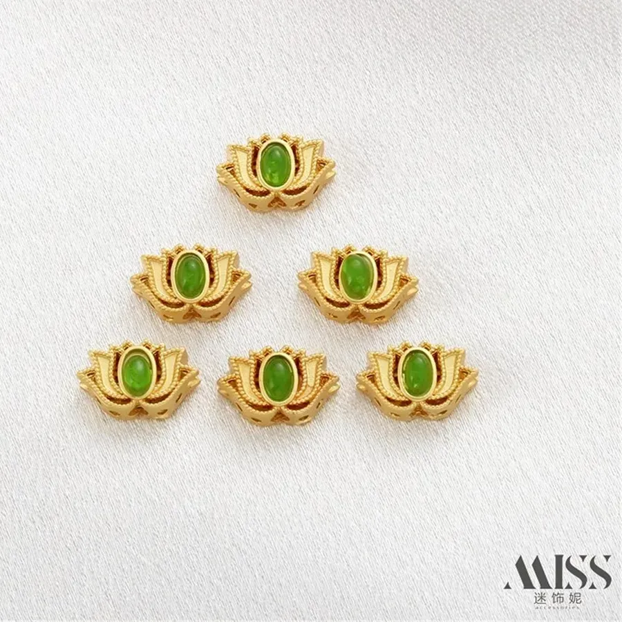 Authentic 18K Gold Bag Color Matte Gold Inlaid with Emerald Lotus Beads Transfer Beads DIY Bracelet Necklace Hollow Jewelry Accessories