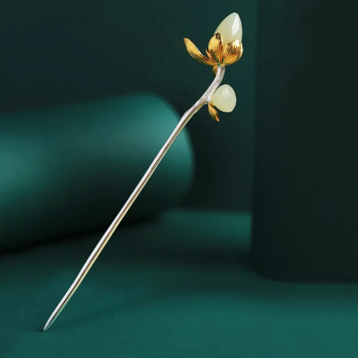 Authentic natural Hetian jade lotus hairpin tiara ladies hair jewelry retro elegant Chinese style hanfu accessories wedding