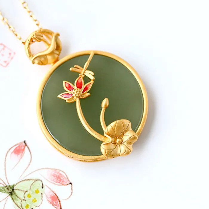 Authentic Sacred Lotus Garden Jasper Amulet - Ancient Gold Leaf Talisman