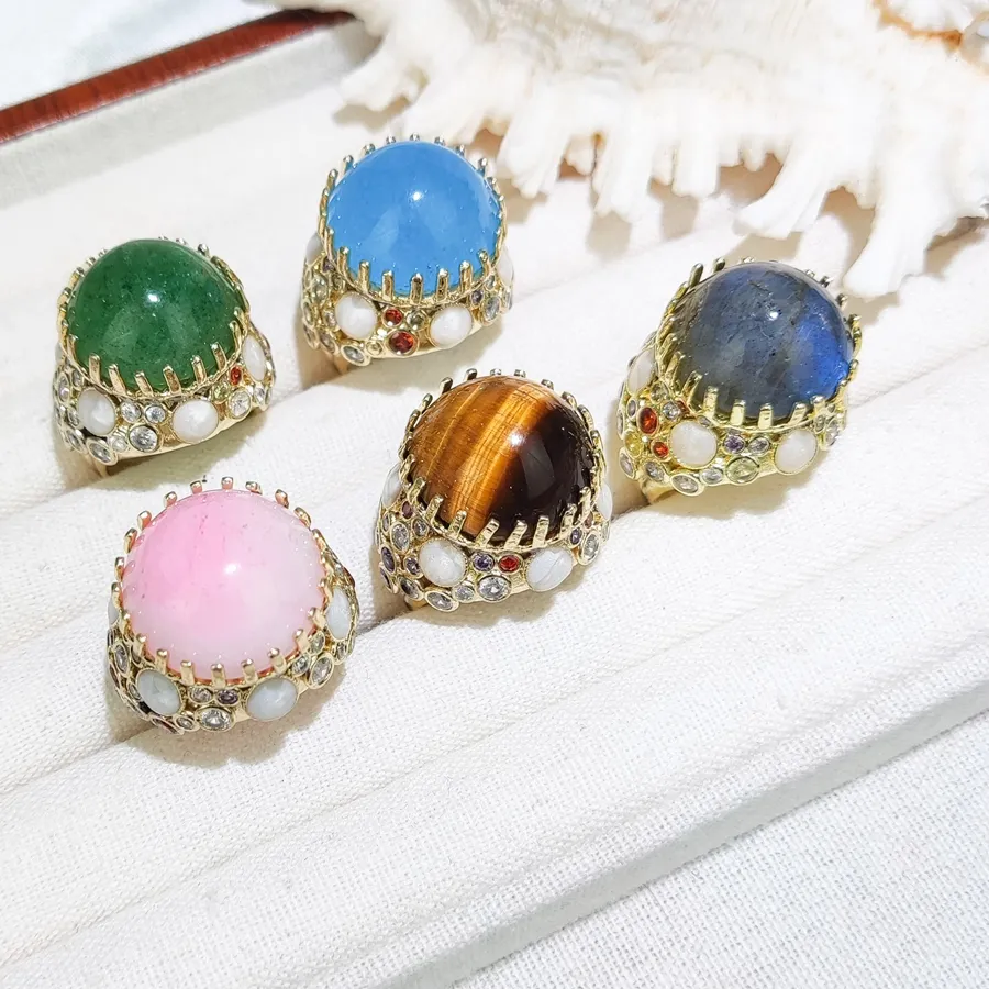 Authentic Vintage Style Natuarl Stone Tiger Eye Labradorite Open Gold Plated Ring for Women Men Anniversary Jewelry