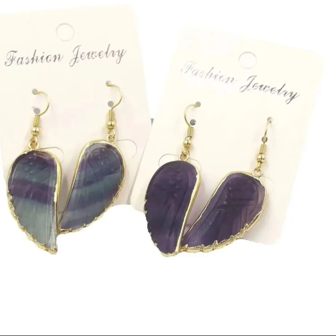 Authentic WKT-E738  WKT 2023 Amazing Style Fluorite And Labradorite  Earring  Dream Feather Shape Gold Plated Jewelry For Women Party SALE