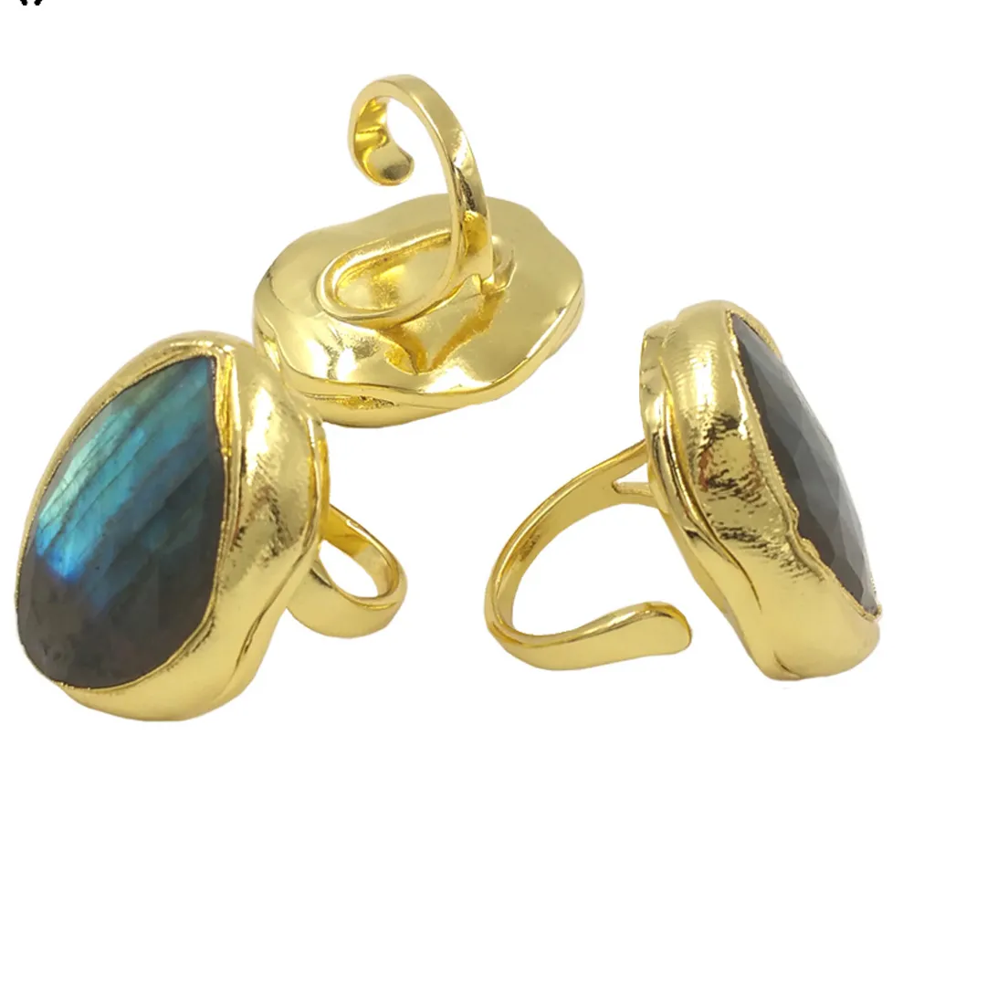Authentic WT-R557 Hot Tiny Classic Thin Circle Round Labradorite Ring With 18k Gold Plated For Jewelry Decoration