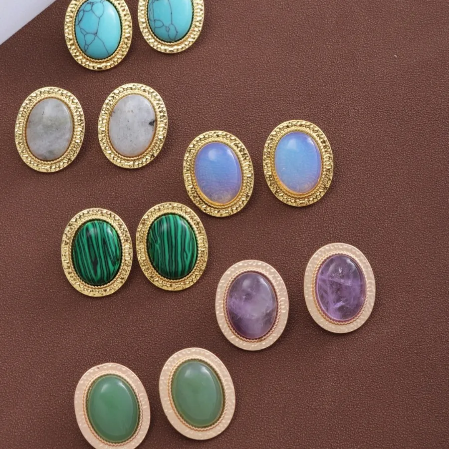 Authentic Gold Plated Stud Oval Natural Stone Amethysts Opal Green Crystal Labradorite Earrings Autumn Winter Jewelry