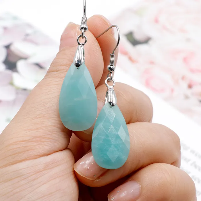 Authentic Reiki Natural Stone Drop Earrings Long Water Drop Dangle Blue Amazonite Opal Purple Crystals Earrings for Women Healing Jewelry