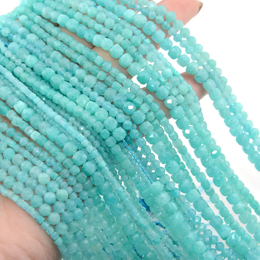 Authentic Natural Peruvian Amazonite Faceted Round / Cube Beads 2mm,3mm,4mmFine Jewelry Making, DIY Bracelet And Necklace