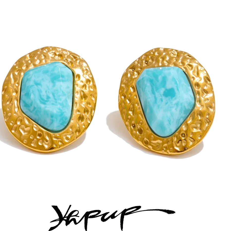 Authentic Yhpup Natural Amazonite Stone Golden Stud Earrings 18k PVD Plated Waterproof Metal Daily Charm Jewelry