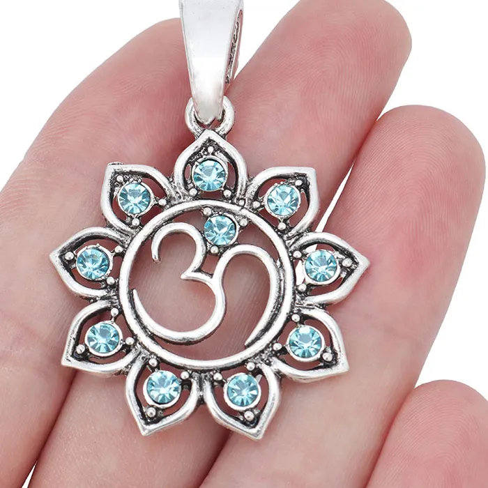 Authentic ZXZ 2pcs OM AUM Yoga Symbol Rhinestone Lotus Flower Charms Pendants for Necklace Jewelry Making Findings 52x36mm