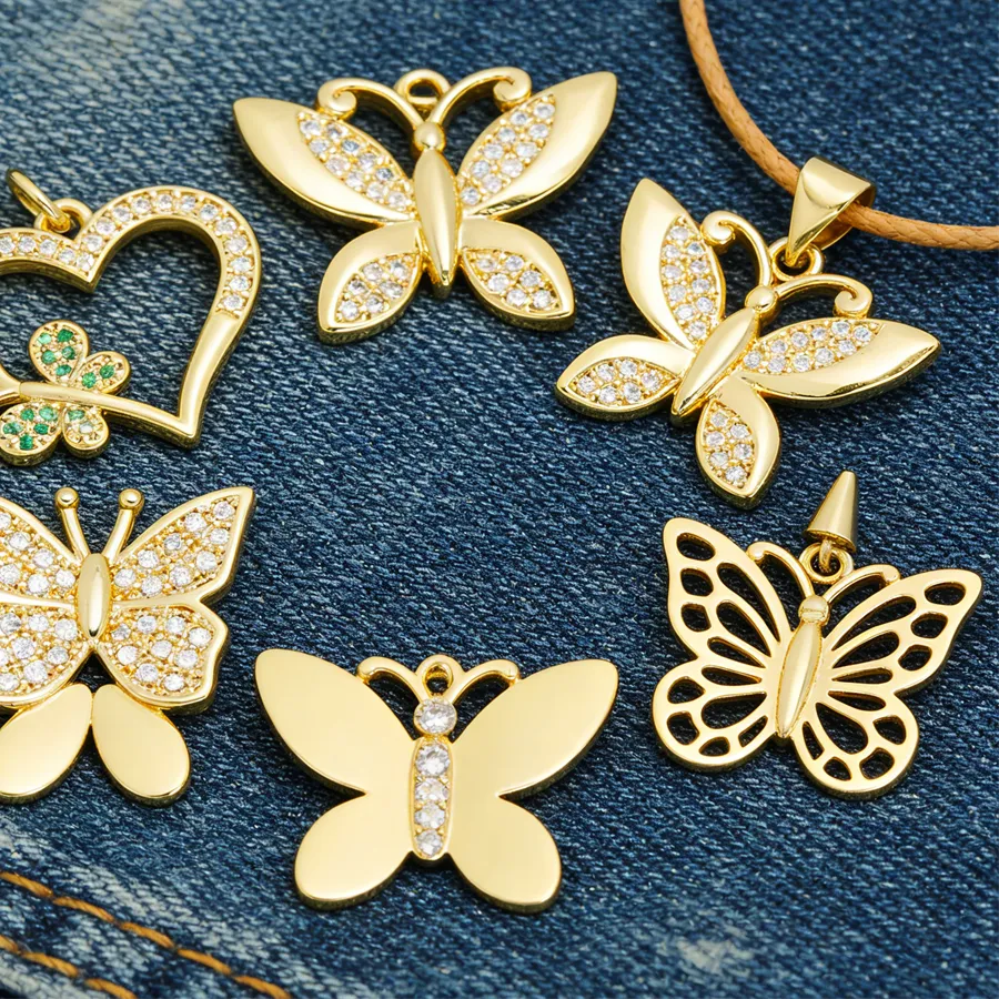 Authentic Trio of Enchanted Butterfly‑Heart Charms – Gold‑Plated Zirconia Tokens of Love & Transformation