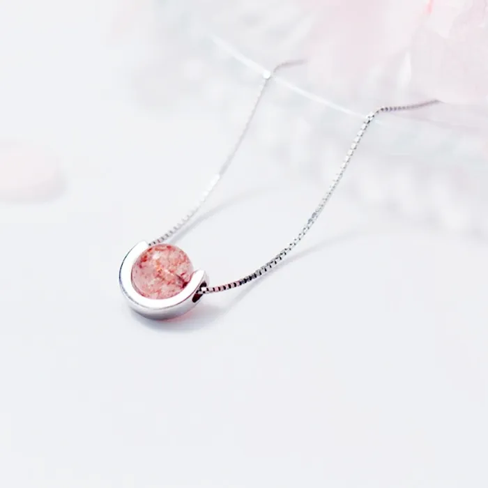 Authentic Sole Memory Pink Strawberry Crystal Ball Sweet 925 Sterling Silver Fine Jewelry Luxury Female Necklace NE098
