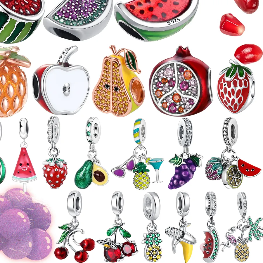 Authentic 925 Sterling Silver Watermelon Grapes Strawberry Charms Beads Fit Diy Bracelet Necklace Making Fine Jewelry for Womens