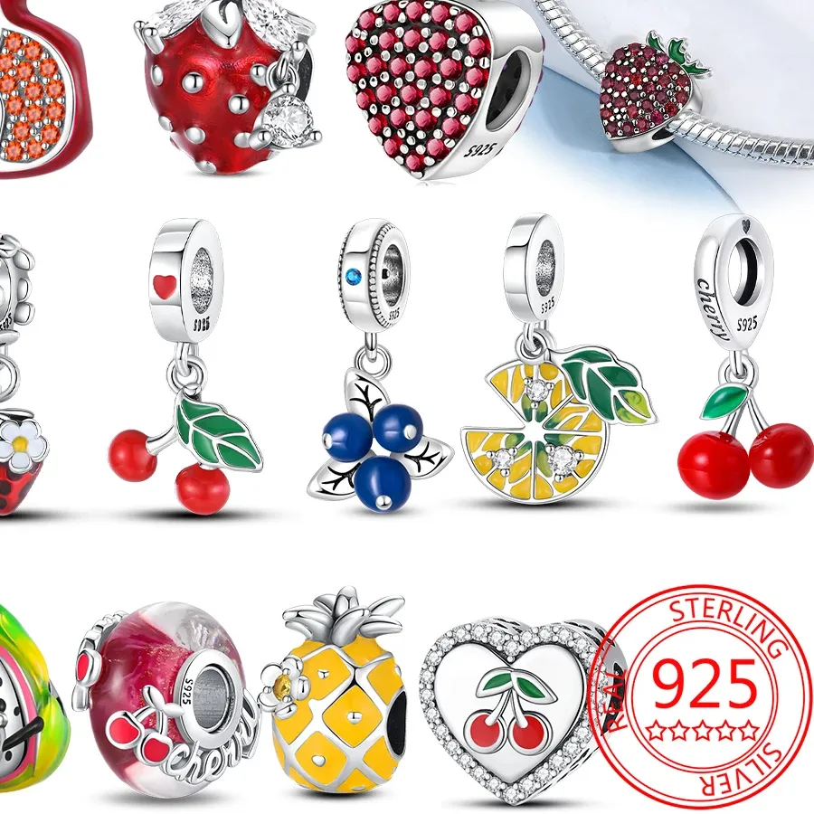 Authentic 925 Silver Strawberry Pineapple Cherry Avocado Charm Pendant Beads  Fit Charm Original Bracelet for Women Jewelry Making