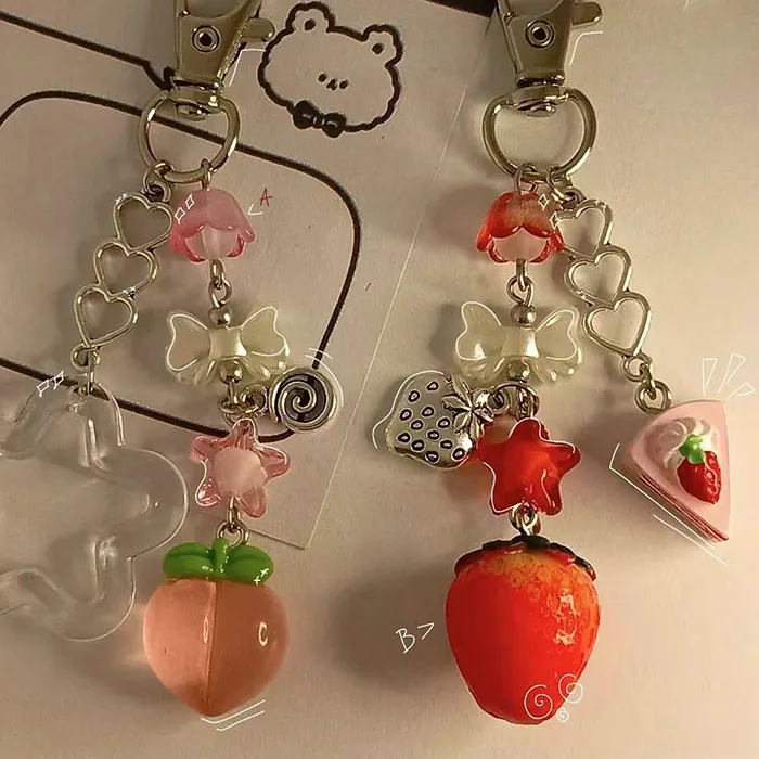 Authentic Strawberry and peach matching keychain handmade jewelry