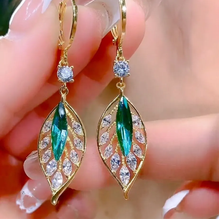 Authentic 925 Silver Needle Korean Green Zircon Leaf Drop Earrings For Women Jewelry 2026 Trending Luxury Women's Earrings