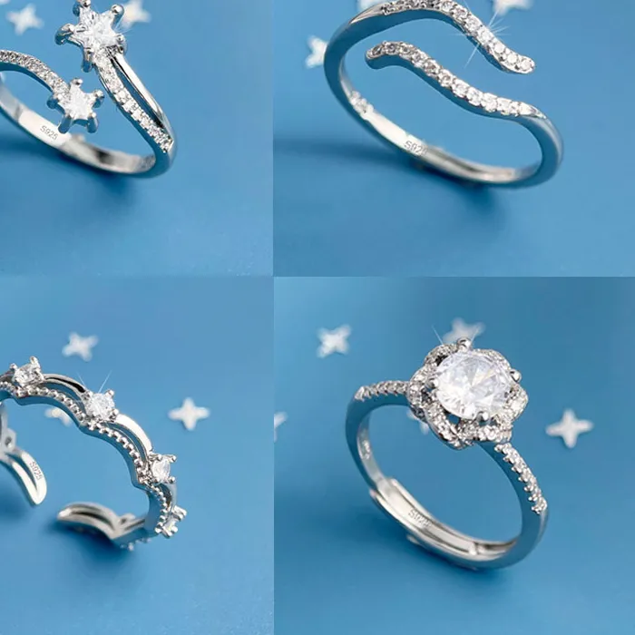 Authentic 925 Sterling Silver Rings For Women Geometric Fine Jewelry Finger Adjustable Shinning Simple Zircon Ring For Party Birthday