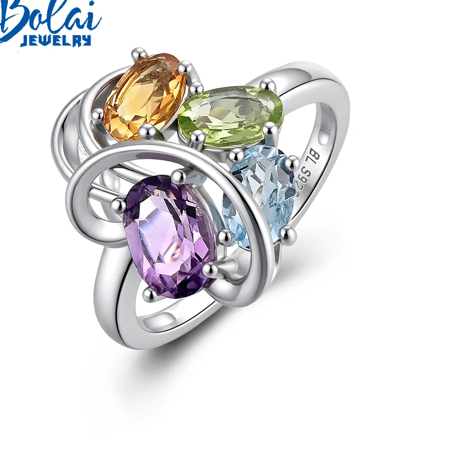 Authentic Celestial Harmony: 925 Sterling Silver Ring Embellished with Natural Amethyst, Sky Blue Topaz, Peridot, and Citrine