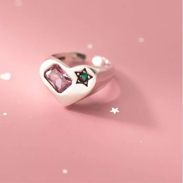 Authentic Pink Crystal Love Simple Green Satr 925 Sterling Silver Jewelry Heart Shaped Geometric Opening Rings TYB070