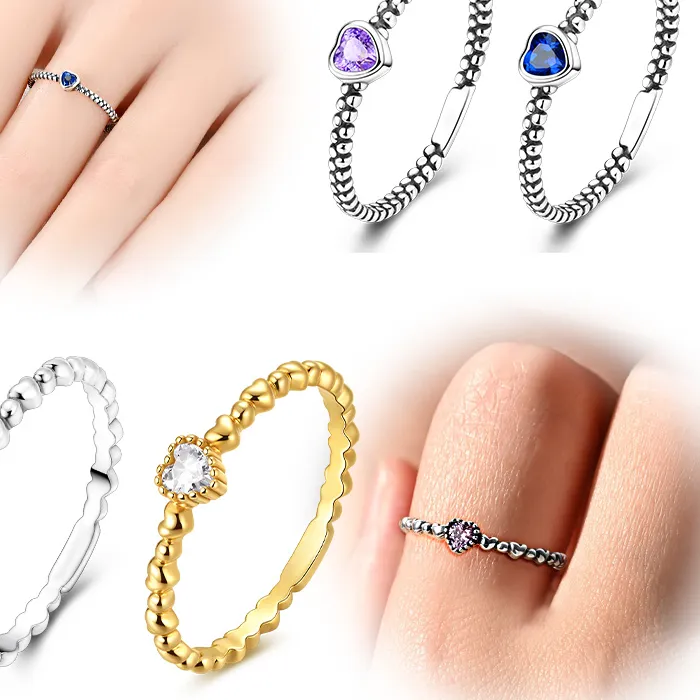 Authentic 925 Sterling Silver Rings For Woman Retro Dewdrop Love Heart Shape Gold Pink Blue Purple Rings Party Anniversary Fine Jewelry