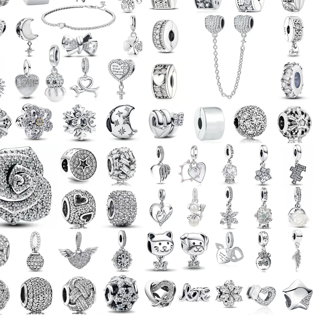 Authentic White Series 925 Silver Cat Dog Puzzle Snowflake Moon Flower Pendant, Fit European Bracelets DIY Women's Jewelry Accessories
