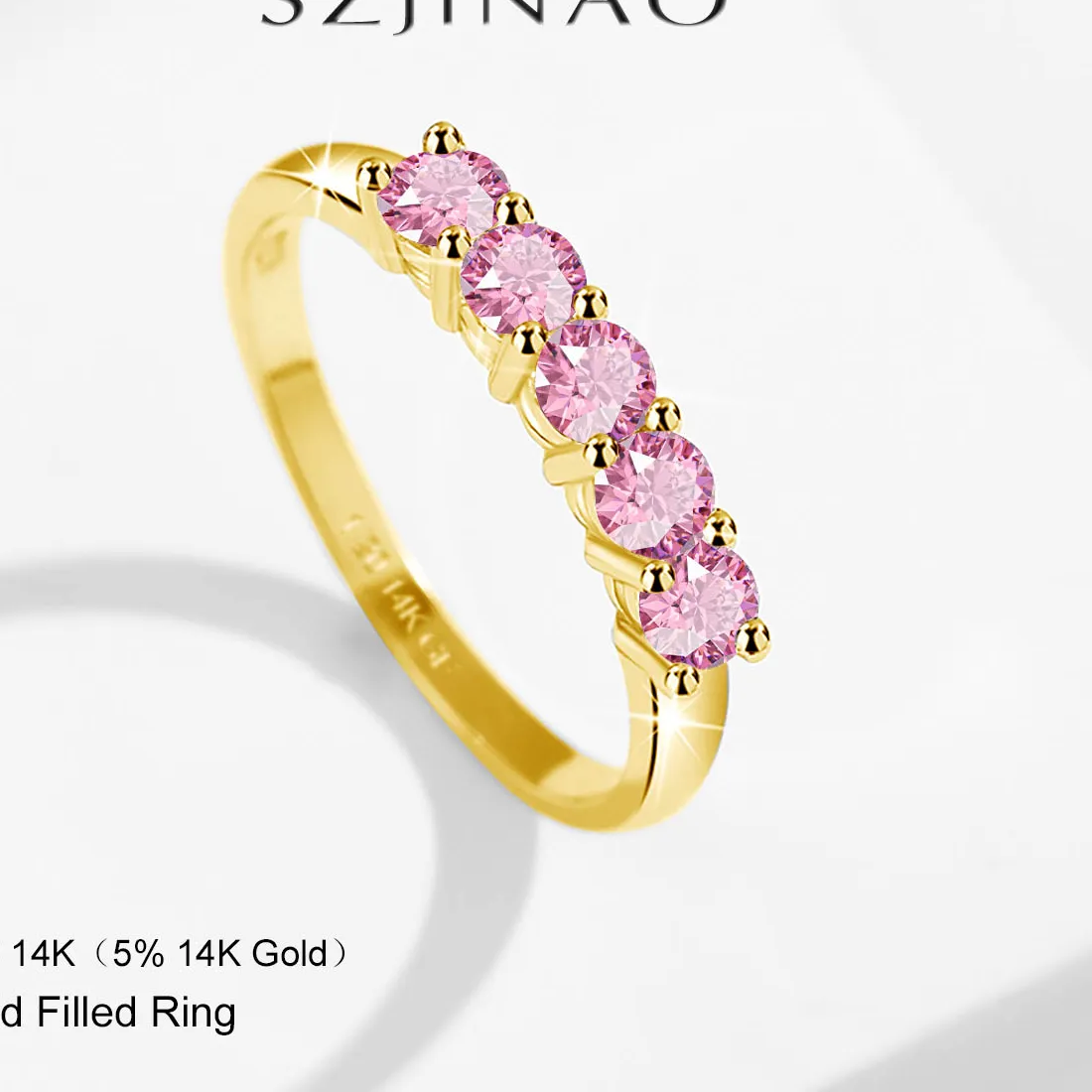 Authentic 14K Gold Filled Pink Moissanite Rings 5 Stone D VVS1 for Women Man with 1/20th 14 Karat Gold Engagement Wedding Jewelry