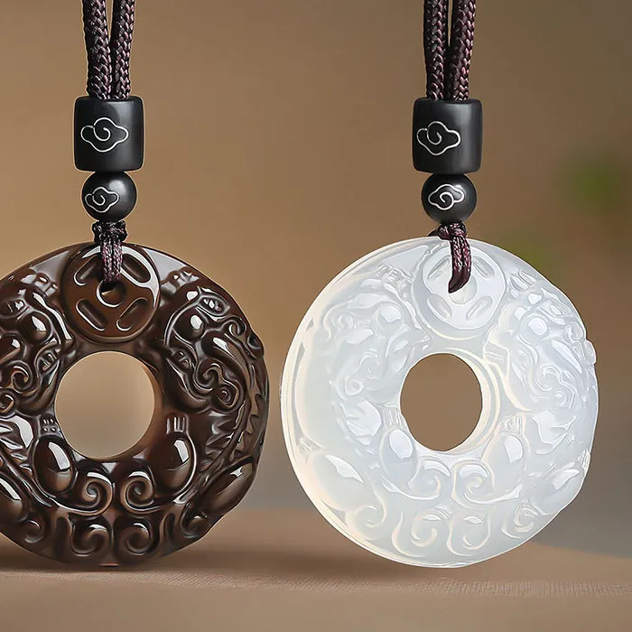 Authentic Agate Obsidian Double Pixiu Safety Buckle Circular Pendant for Men and Women Necklace Pendant for Fashionable Feng Shui Jewelry