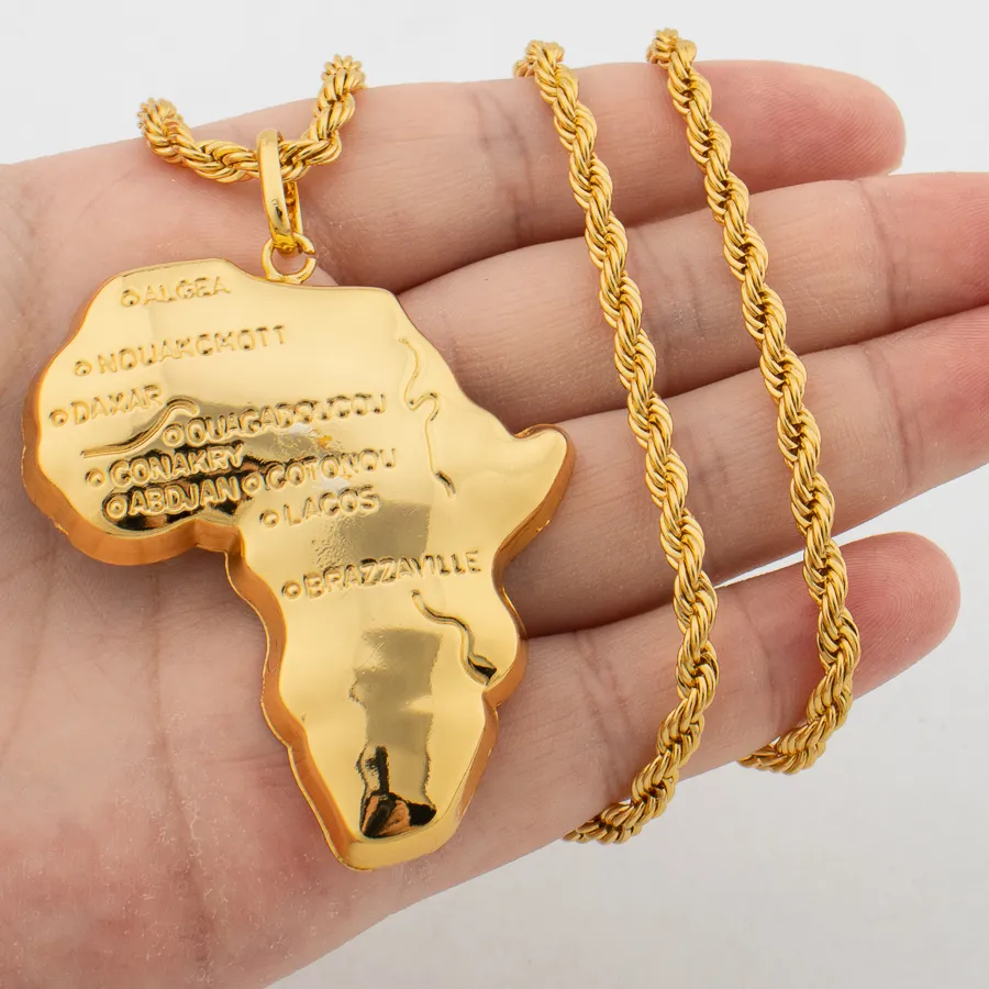Authentic Africa Map Pendant Gold Color 60cm Necklaces for Women Men African Maps Jewelry High Quality Unique Elephants Leopards Jewellry