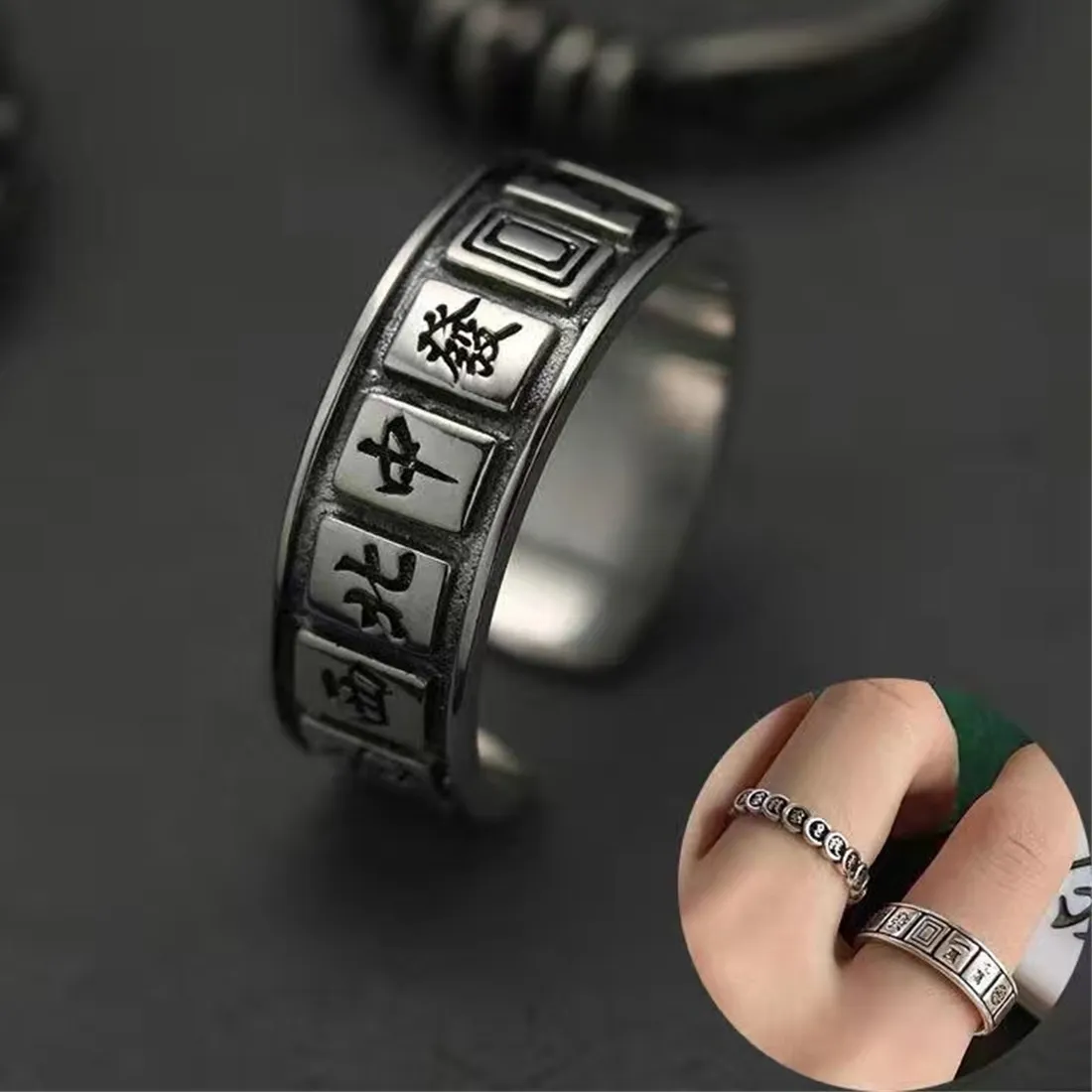 Authentic eng Shui Mantra Protection Wealth Ring Vintage Mahjong Finger Ring Amulet Wealth Lucky Opening Adjustable Ring Buddhist Jewelry