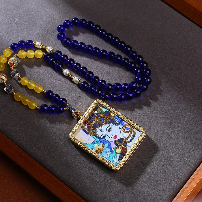 Authentic Tibetan- White Tara pendant with glass beads and braided cord, ethnic style thangka necklace