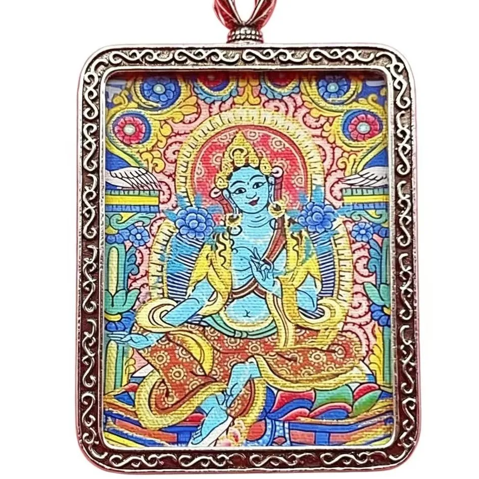 Authentic Ethnic Style Thangka Green Tara Pendant For Men Jewelry Blessing Lucky Five Roads God of Wealth Buddha Necklace Women Amulet
