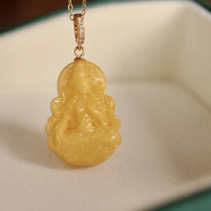 Authentic Natural Old Wax Green Tara Pendant S925 Sterling Silver Inlaid Jewelry