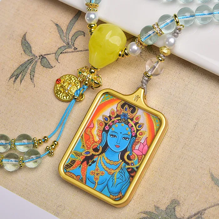Authentic 108 Tibetan Green Tara Thangka beads pendant, hand woven in multiple circles,handheld and paired with Thangka cultural ornaments